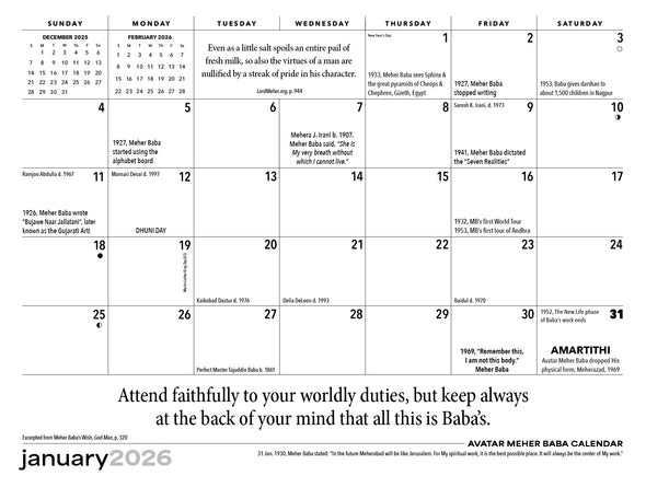 Avatar Meher Baba Calendar 2026