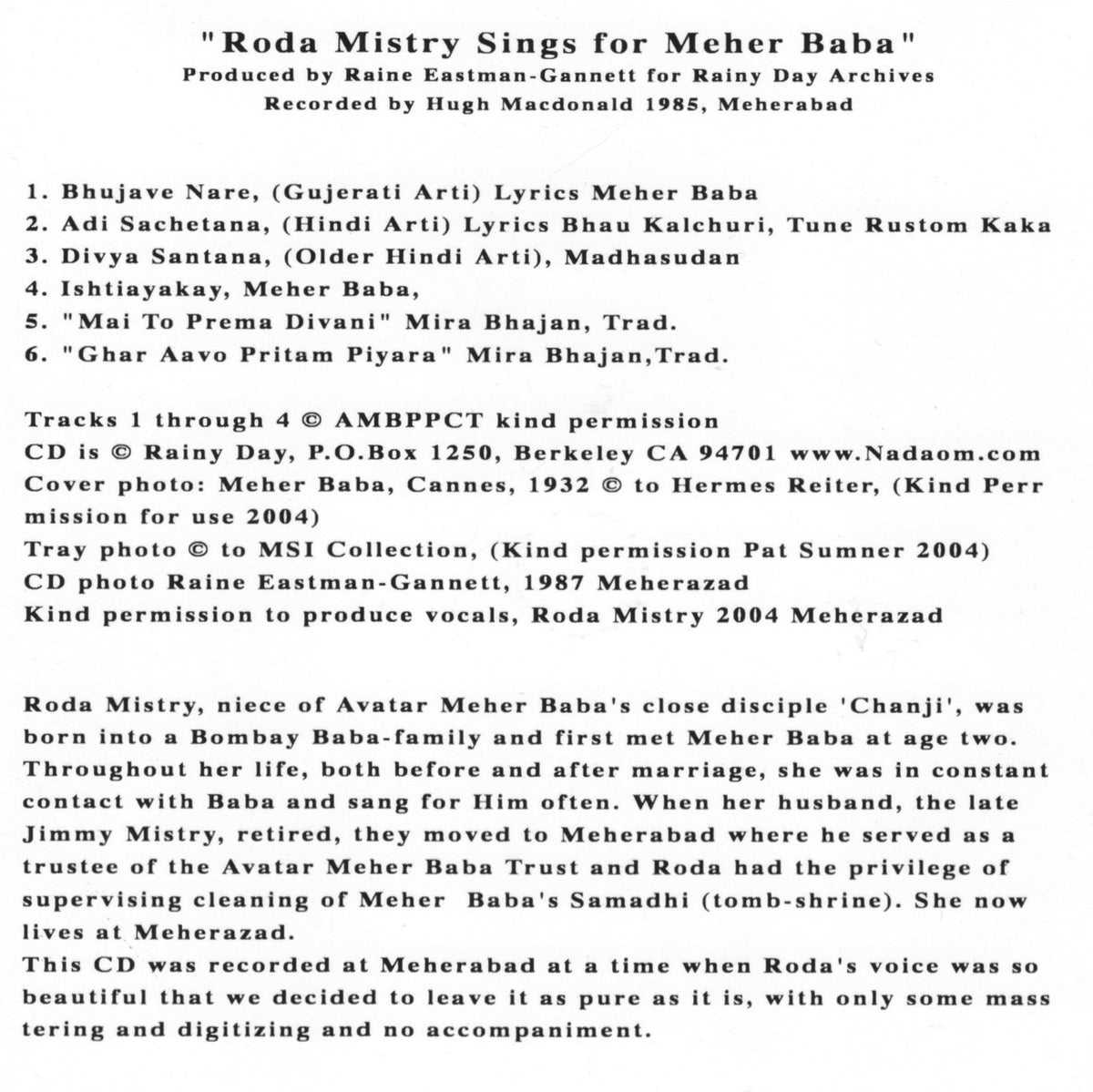 Roda Mistry Sings for Baba – Meher Baba Books